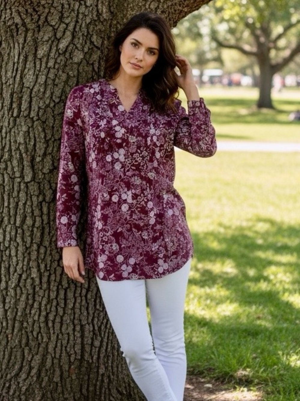 Cold Water Creek Long-Sleeve V-Neck Floral Tunic